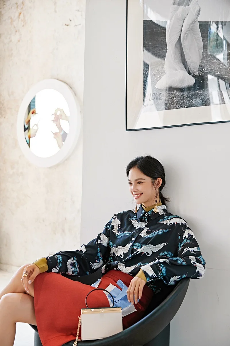 Осенний дизайн Gloria& Grace Instagram, черная, красная, с рисунком Журавля, свободный шифоновый топ, блузка, рубашка