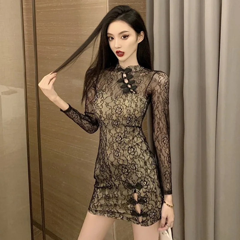 

Женское элегантное черное облегающее мини-платье Qipao, женское сексуальное винтажное Кружевное платье-Ципао, модное корейское облегающее платье для ночного клуба и бара