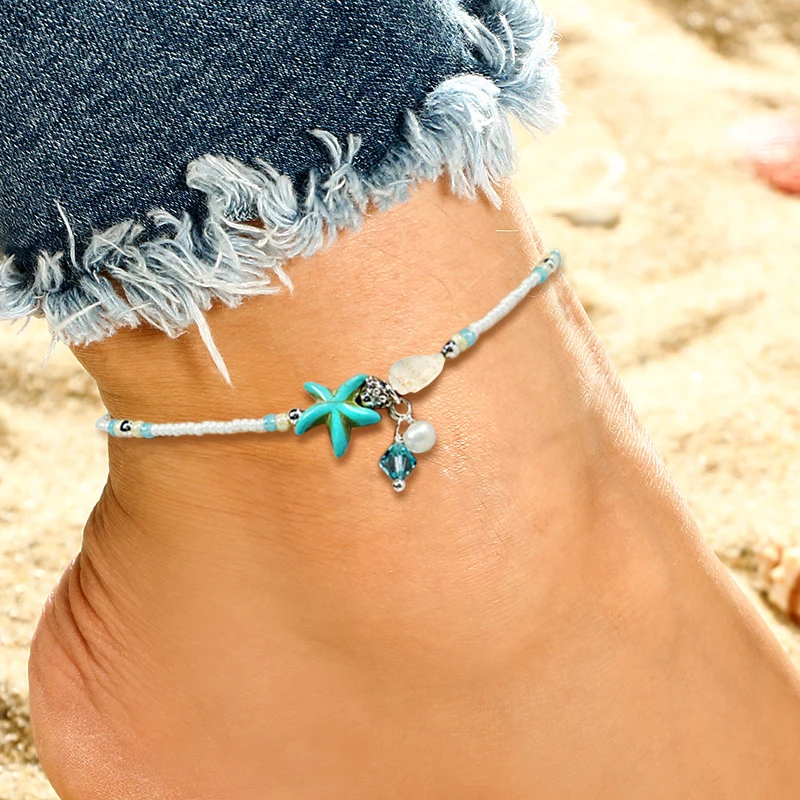 Летние пляжные браслеты на ногу богемные оболочки Синий Кристалл ножные браслеты/браслеты женские модные браслеты для ног - Metal Color: L