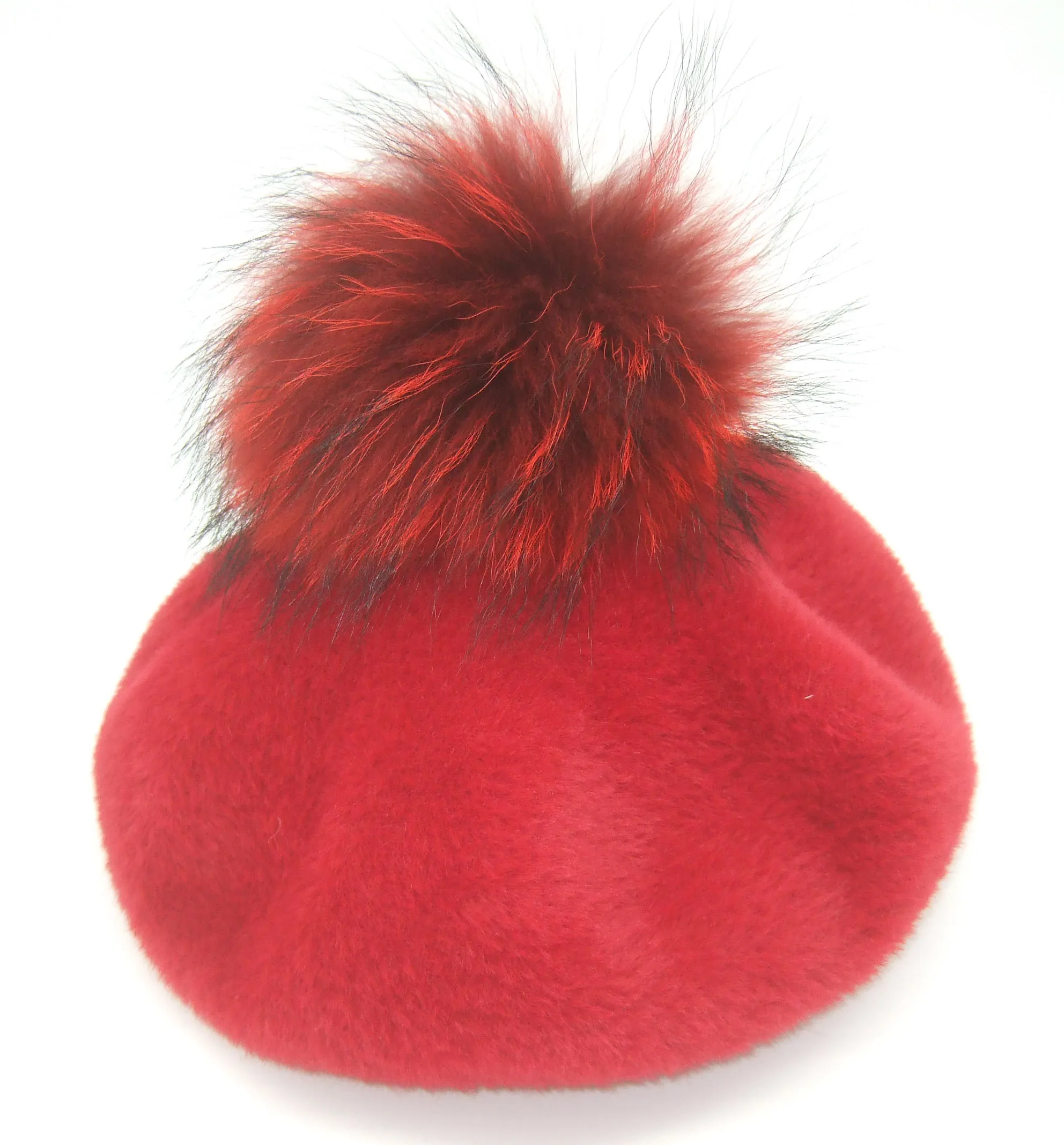 red pompom Зимние женские повседневные шерстяные береты шапки толстые теплые енот 14 см Настоящий мех помпон вязаные кашемировые береты шапки зимняя шапка для девочек - Цвет: red pompom