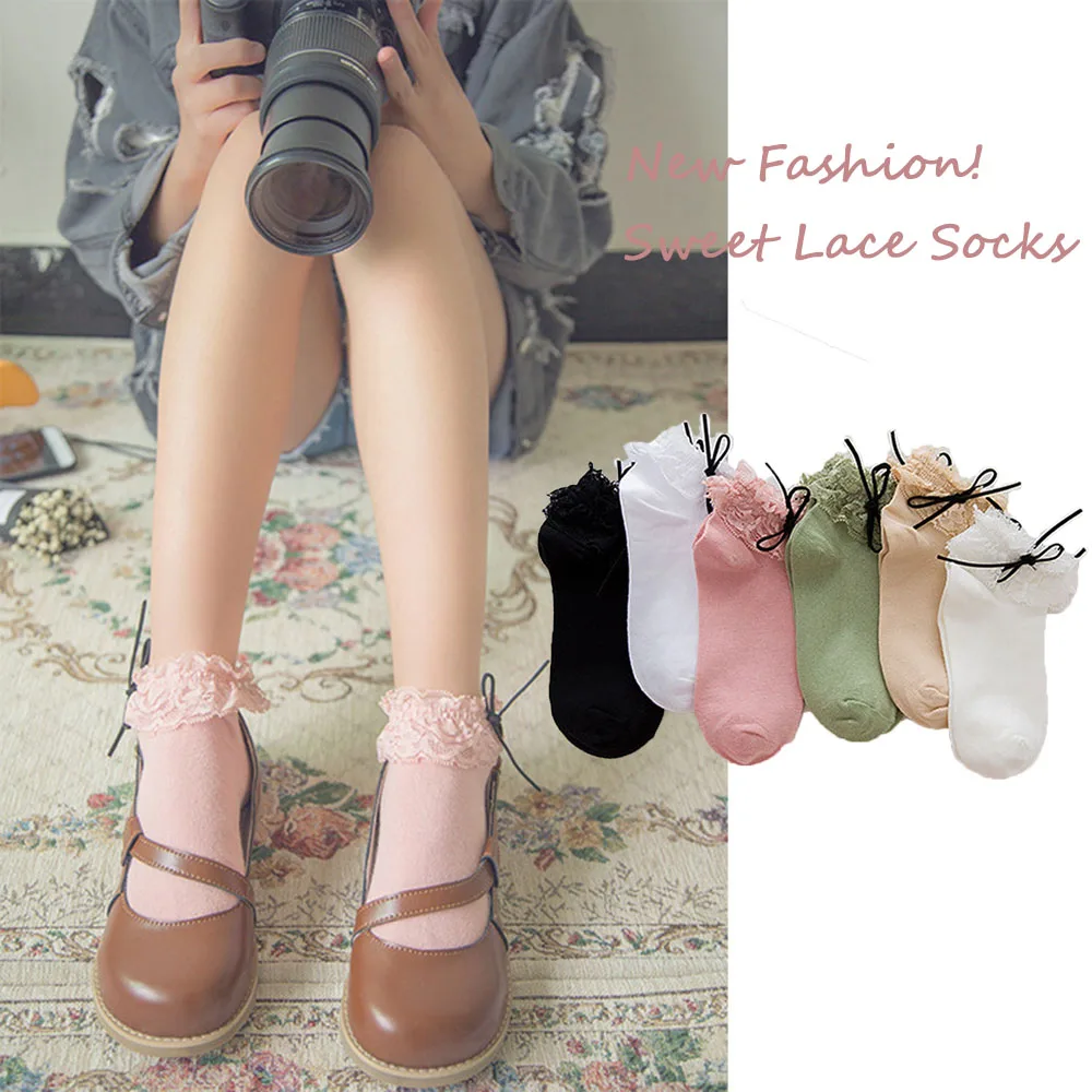 2019 Korean Style Lovely Lolita Cute White Ankle Socks Women Cotton Vintage Bow Knot Lace Ruffle Frilly Lady Princess Girl | Женская