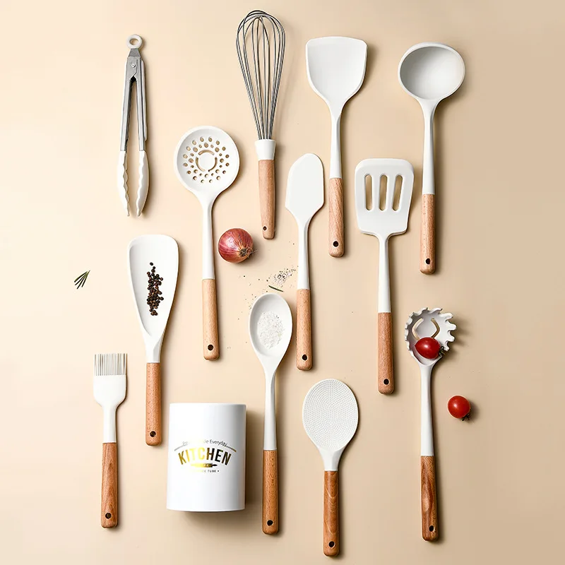 White Silicone Kitchenware Non-stick Cooking Utensils Set Cookware Spatula  Spoon Shovel Wooden Handle Kitchen Tool Set - Cooking Tool Sets - AliExpress