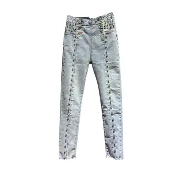 

Fashion Wild Button Jeans Women's 2020 Spring High-Waist Heavy Work Beaded Pencil Pants Diamond denim pants r693