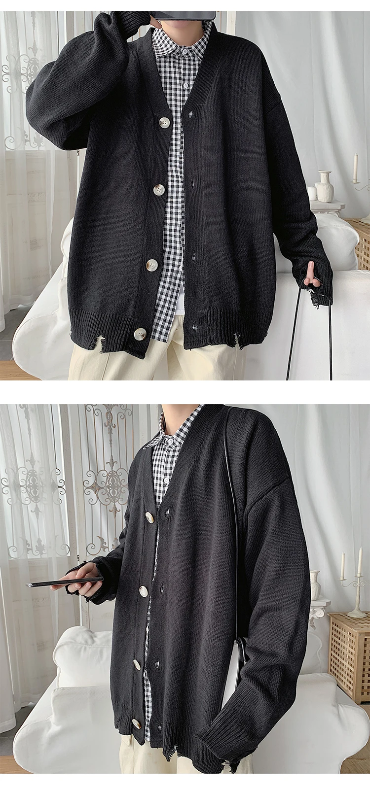 Cardigan Men Fashion Solid Color Casual V-neck Knit Sweater Jacket Men Streetwear Wild Loose Sweter Coat Male Clothes M-2XL