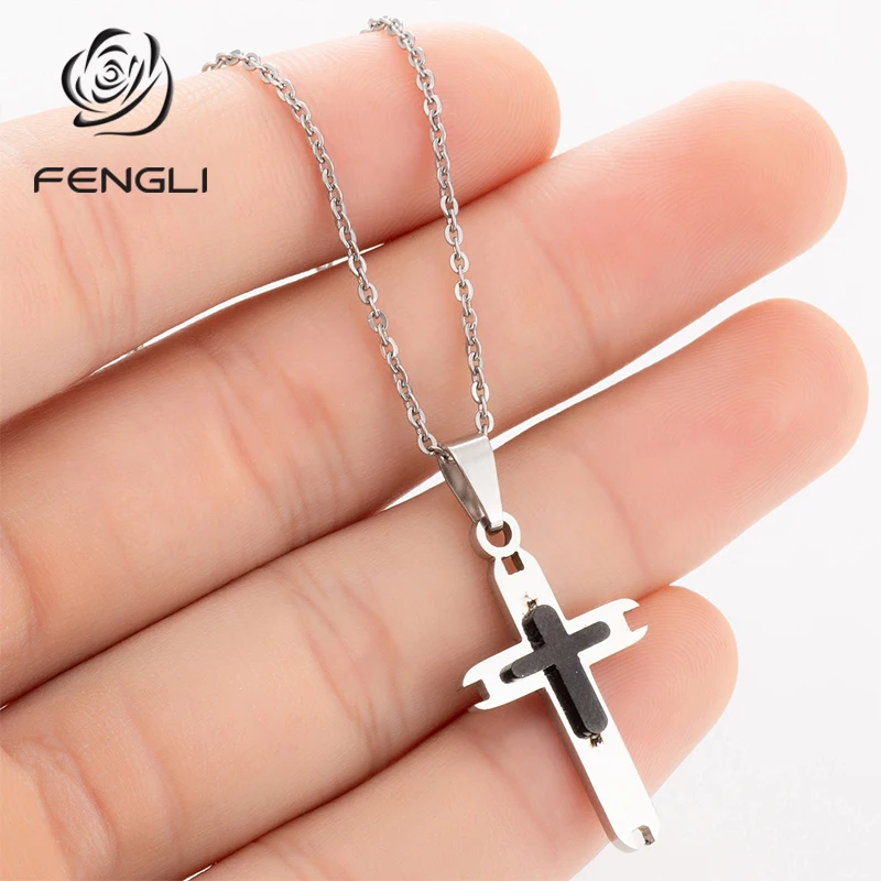 FENGLI Two tone Cross Necklace for Women Men Titanium Steel Double