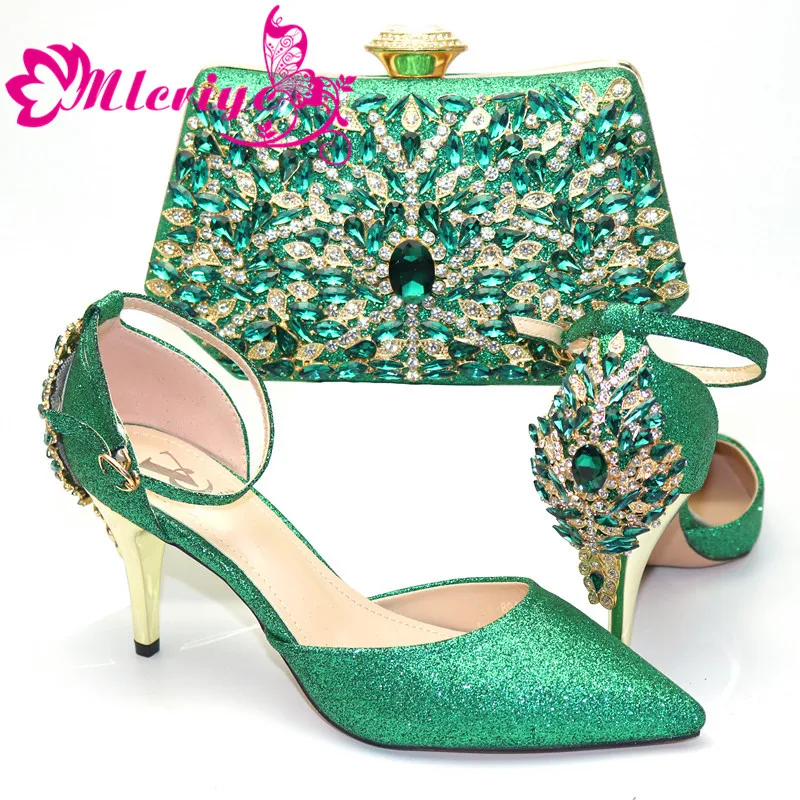 

African Style Green Color Shoes And Matching Bag Set Italy Elegant Woman Pumps Shoes And Bag Set For Wedding Party