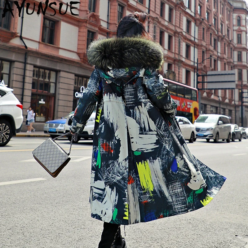 

AYUNSUE Real Fur Coat Female Rabbit Fur Liner Parka Winter Jacket Women Raccoon Fur Collar Warm Long Jackets Manteau Femme MY