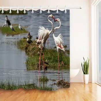 

White Wild Flamingos Shower Curtain Liner Bathroom Uniqued Waterproof Fabric Hooks