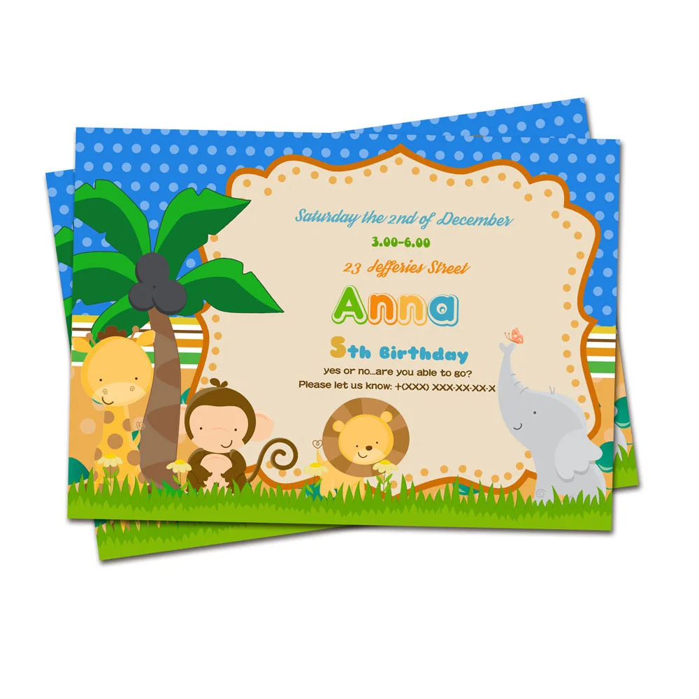 Carte d'invitation thème animaux de la Jungle, sur mesure, sur mesure,  vierge, pour fête d'anniversaire, événement, décoration, thème Safari -  AliExpress