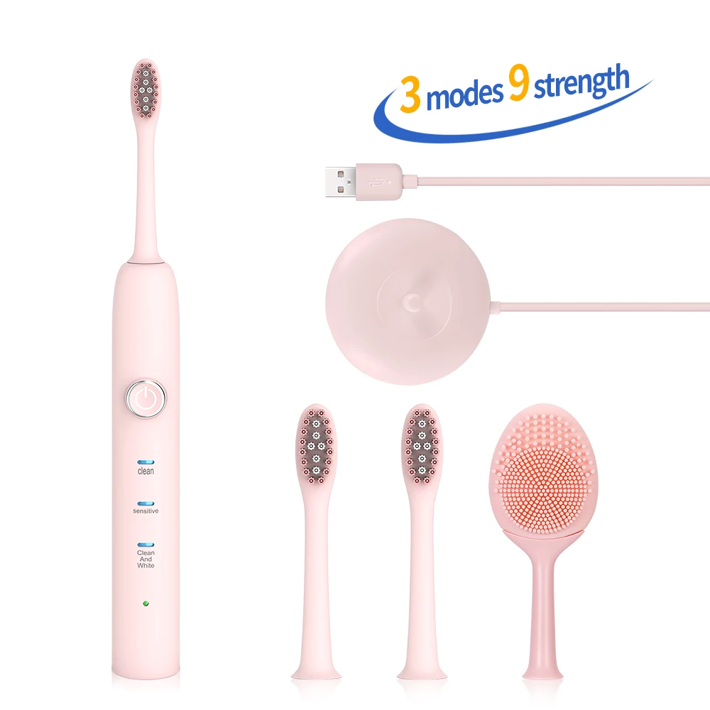 New 9 Functions Sonic Electric Toothbrush USB Inductive Charging with 3 Brush Heads+1 Face Clean Brush Adults Tooth Whitening New 9 Functions Sonic Electric Toothbrush USB Inductive Charging with 3 Brush Heads+1 Face Clean Brush Adults Tooth Whitening