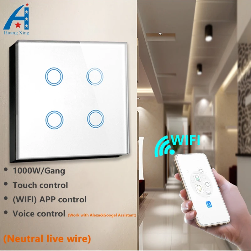 

HUANGXING, UK Standard 4Gang Wifi APP 2.4GHz smart switch, Alexa Voice Control Wall Wifi Switch 1000W, Crystal Glass Panel 220V