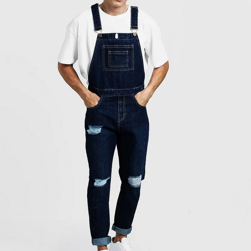

2019 New Men's Fashion Holes Distressed Slim Fit Stretch Jeans Denim Bib Overall Jumpsuits Casual Straight Loose Jeans