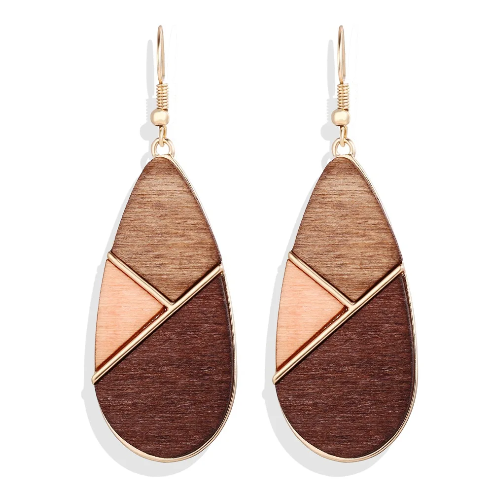 

Stitching Wood Geometric Earring Hook Retro Vintage Brown Drop Pendant Earrings Women Jewelry