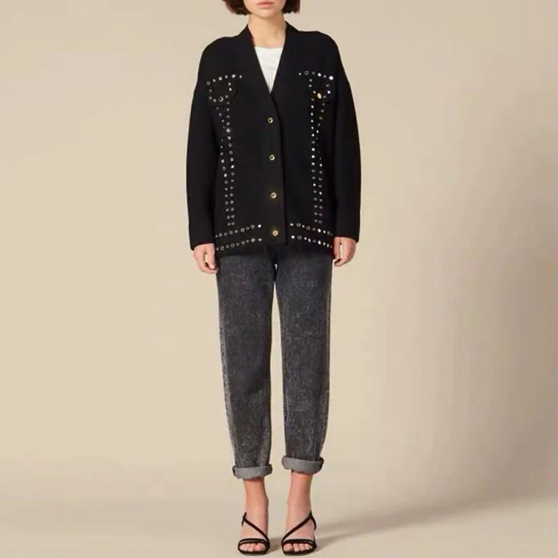 

French Women Loose Cardigan Coat Double Pocket Single Breasted Jacket Cute Sweet Girl Casual Long Knitted Cardigan Black Top