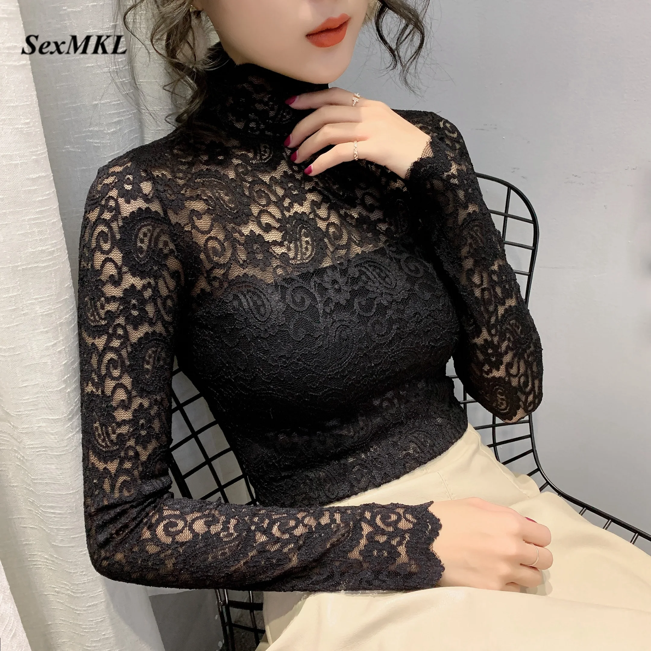 

Elegant Women Lace Blouse 2020 Sexy See Through Ladies Tops Long Sleeve Clothes Summer Vintage White Shirt Streetwear Blouses