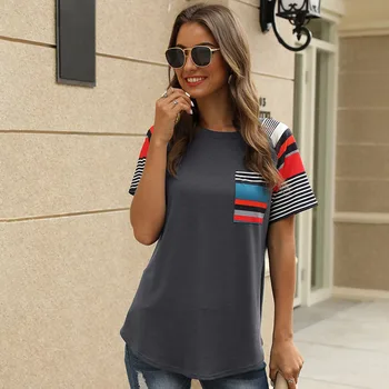 

Casual Short-sleeved Round Neck T-shirt 2020 Spring and Summer New Striped Printed Stitching Tops Hot Sale Women's T-shirt