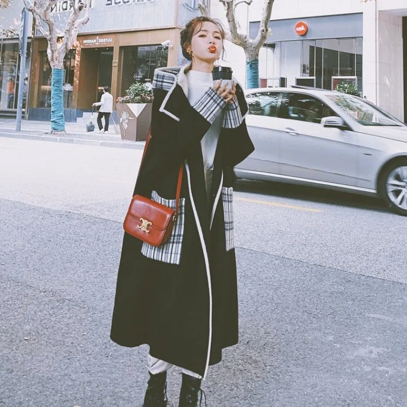 

Black Tweed Coat Women's Middle Long 2021 Autumn Winter New Korean Loose Thickened College Style Woolen Coat Fashion