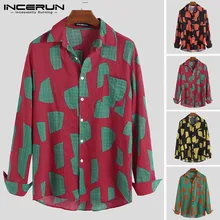 INCERUN/осенние модные брендовые рубашки с принтом для мужчин, с длинным рукавом, на пуговицах, с отложным воротником, повседневная мужская рубашка, уличная сорочка
