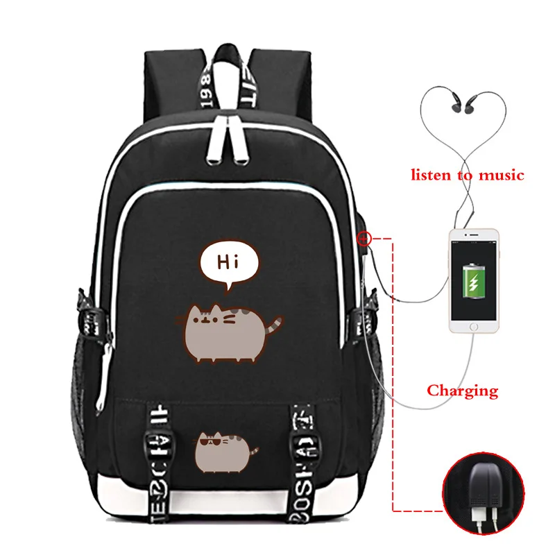 Usb зарядка ушной Заушник отверстие Pusheen печатных милый рюкзак для женщин и мужчин холщовый мешок плечи рюкзаки - Цвет: 009