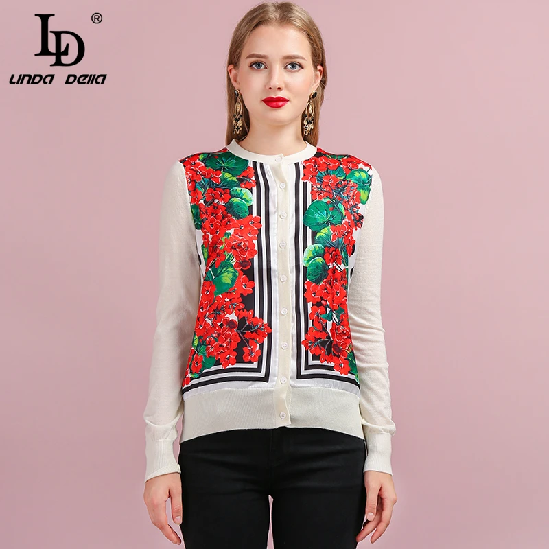 

LD LINDA DELLA Runway Fashion Autumn Vintage Knitting Sweaters Women's Long Sleeve Floral Printed Lady Stylish Wool Cardigans