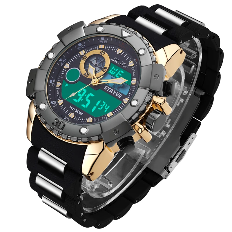 Mens Watches Top Brand Luxury Stryve Multifunction Sports Watch Military Heavy Dial 2 Time Zone Led Analog Quartz Digital Watch 