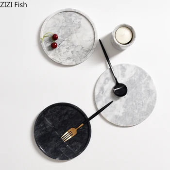 

Decorative Trays Natural Marble Plates Cake Dessert Dish Coffee Cup Saucer Knife Fork Storage Display Plate Round Desktop Tray