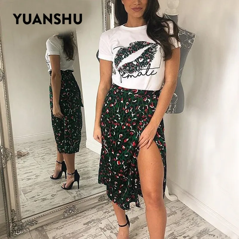YUANSHU винтажные зеленые юбки леопарда женская летняя миди юбка с высокой талией
