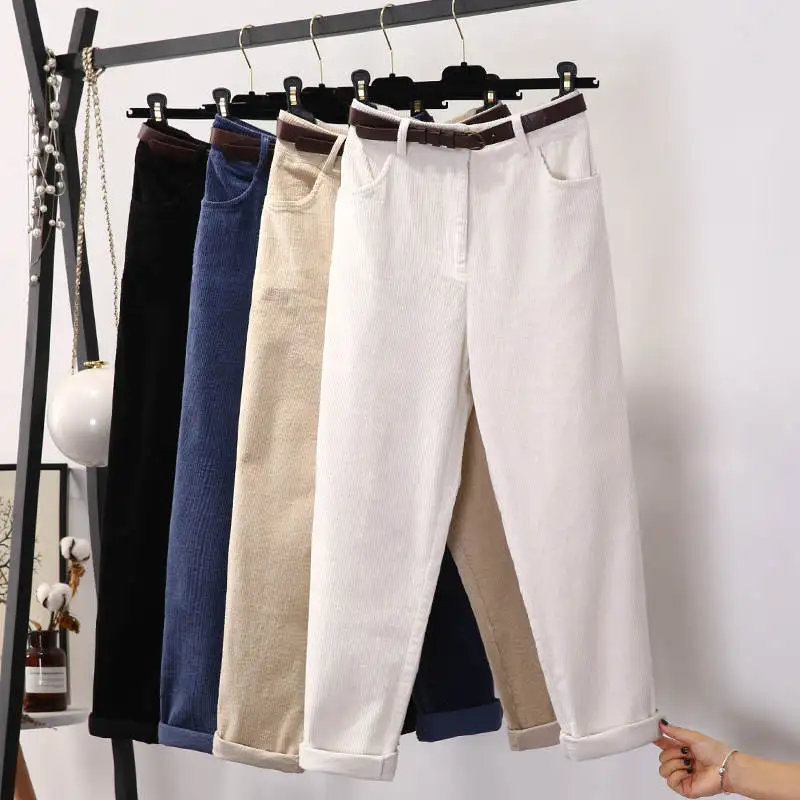 Белые вельветовые брюки, женские плотные прямые теплые брюки, женские осенние зимние шаровары, свободные женские спортивные штаны C6010