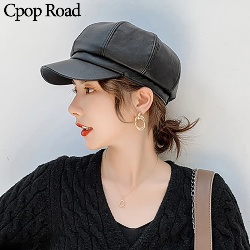 Cpop Black PU Leather Hats High Quality New Fashion Pure Colors Visors Hats Winter Simple Personality Elegant Women Winter Gifts