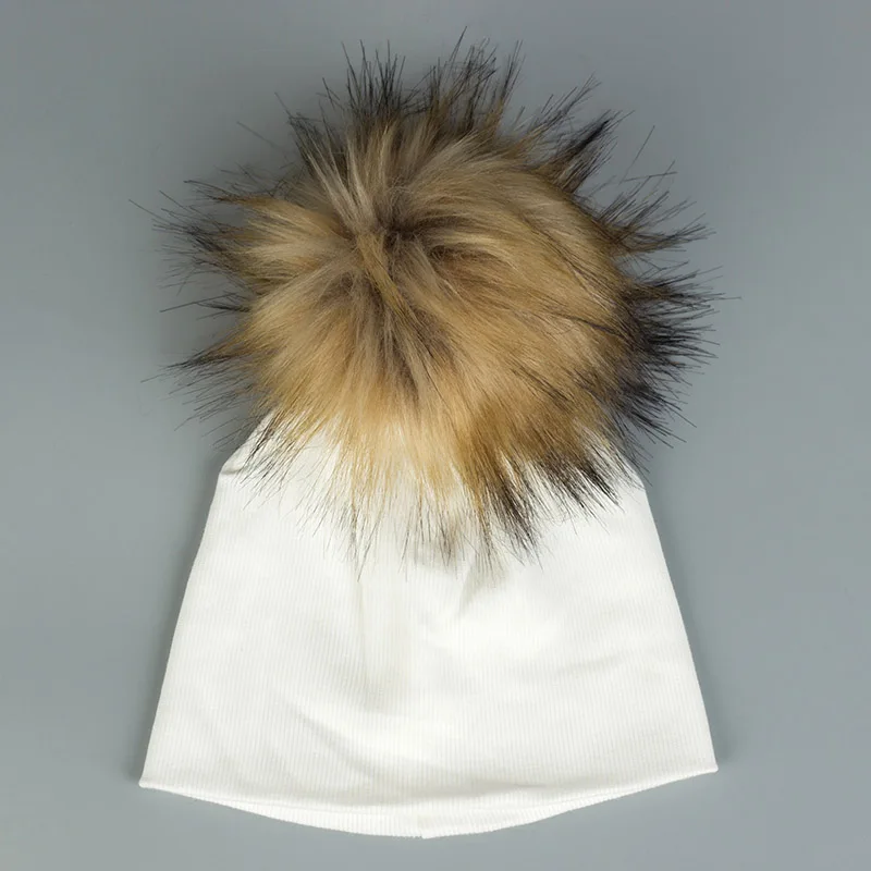 Newborn Baby Boys Girls Cotton Beanies Hats With Big Faux Fur Pompom Solid Cute Girls Hats Cap Hair Accessories - Цвет: 16White