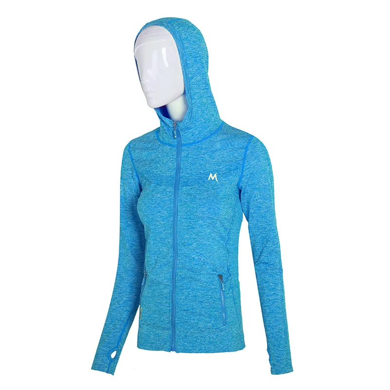 Blue SALSPOR, Женская Спортивная одежда для бега, на молнии, с длинным рукавом, для йоги, фитнеса, топ, быстросохнущая, тонкая одежда для спортзала, осенняя женская спортивная куртка с капюшоном - Цвет: Blue