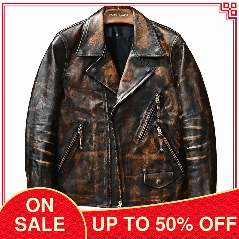 

2020 Vintage Brown American Biker Style Genuine Leather Jacket Men Real Cowhide Spring Slim Fit Short Motorcycle Leather Coat