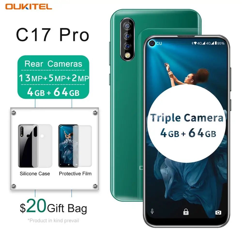 

OUKITEL C17 Pro 4GB 64GB Cell Phone 6.35'' Screen Fingerprint Face ID Android 9.0 Pie 13MP Camera Dual 4G Network 2.4GH 5G Wifi