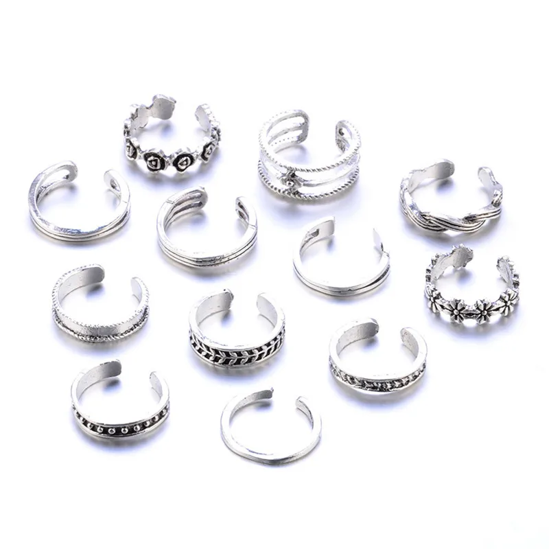 12-piece rings Lady Unique adjustable opening Fingerring Retro carved Foot Beach foot jewelry