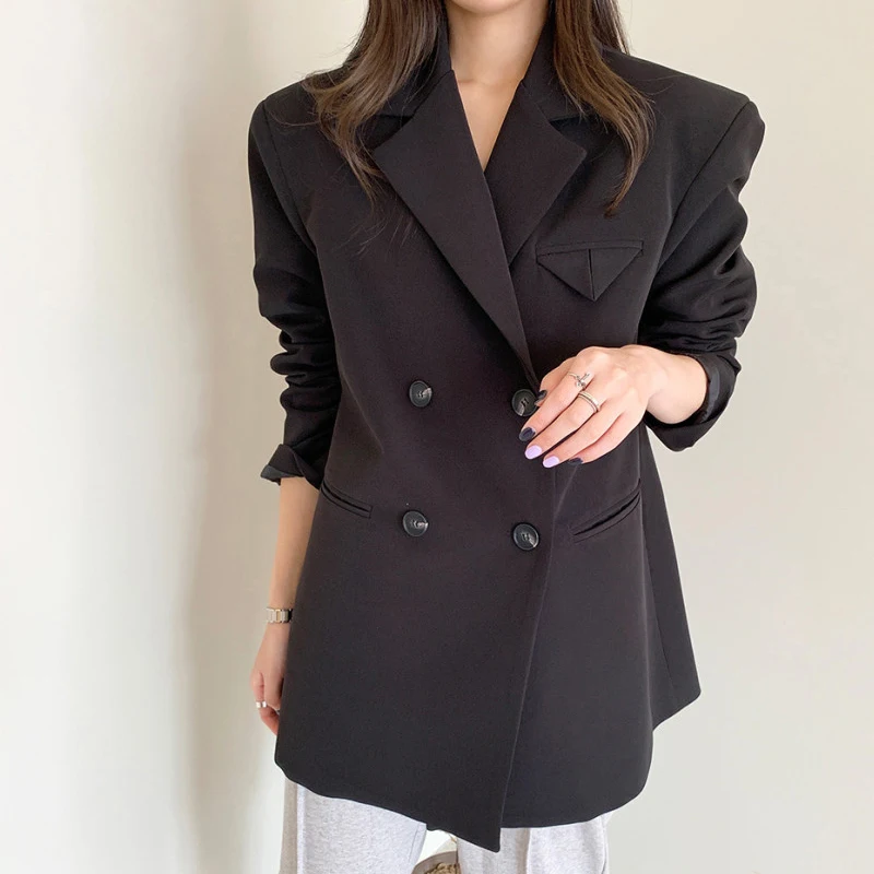 Autumn Office Lady Minimalist Women Jacket Blazer 2020 New Formal Loose Elegant Double Breasted Suit Coat Solid Stylish Outwear