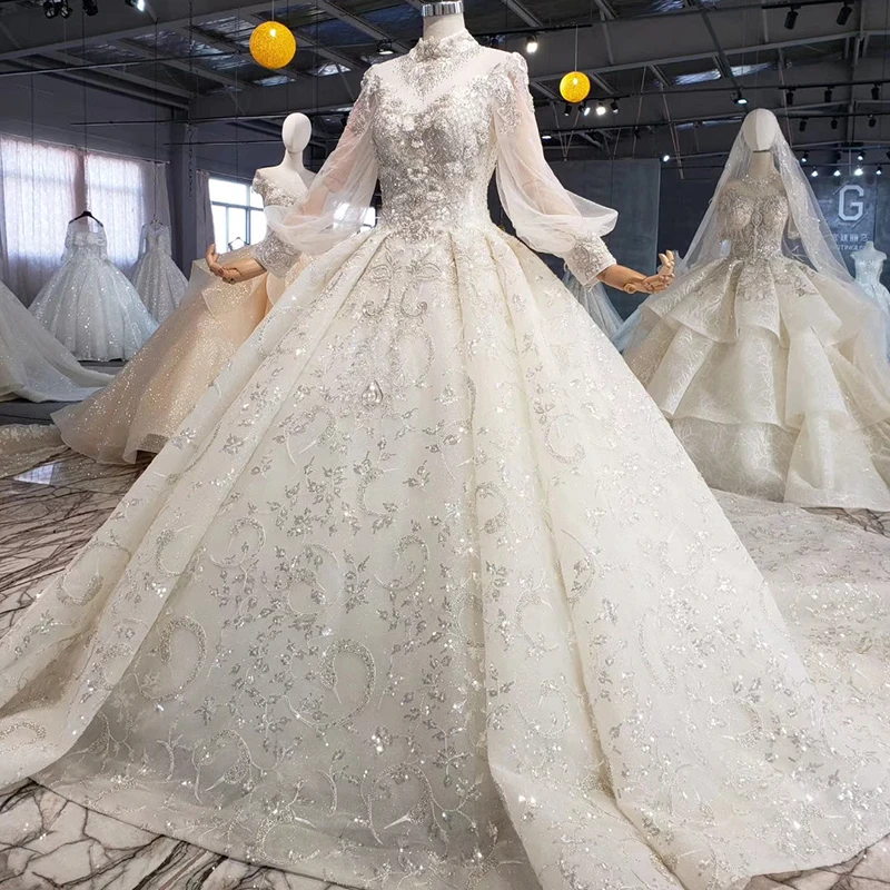 HTL1075 скромное свадебное платье, элегантное, с высоким воротом, на шнуровке, сзади, с хрустальными бусинами, с длинным рукавом, кружевное свадебное платье, роскошное, suknia szlubna