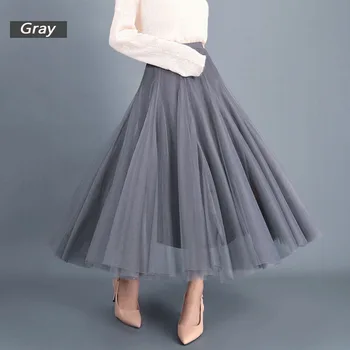 

2020 New Women's Skirts Summer Vintage Elastic High Waist Tulle Mesh Skirt Long Pleated Tutu Skirt Women Saias Midi Faldas Jupe