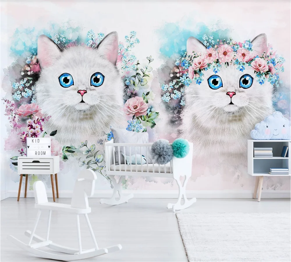 

Custom 3D wallpaper mural Nordic simple flower kitten children's room decoration background wall