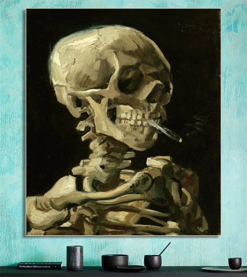 Laeacco картина с каллиграфией голова скелета горящей сигаретой Ван Гог постеры и