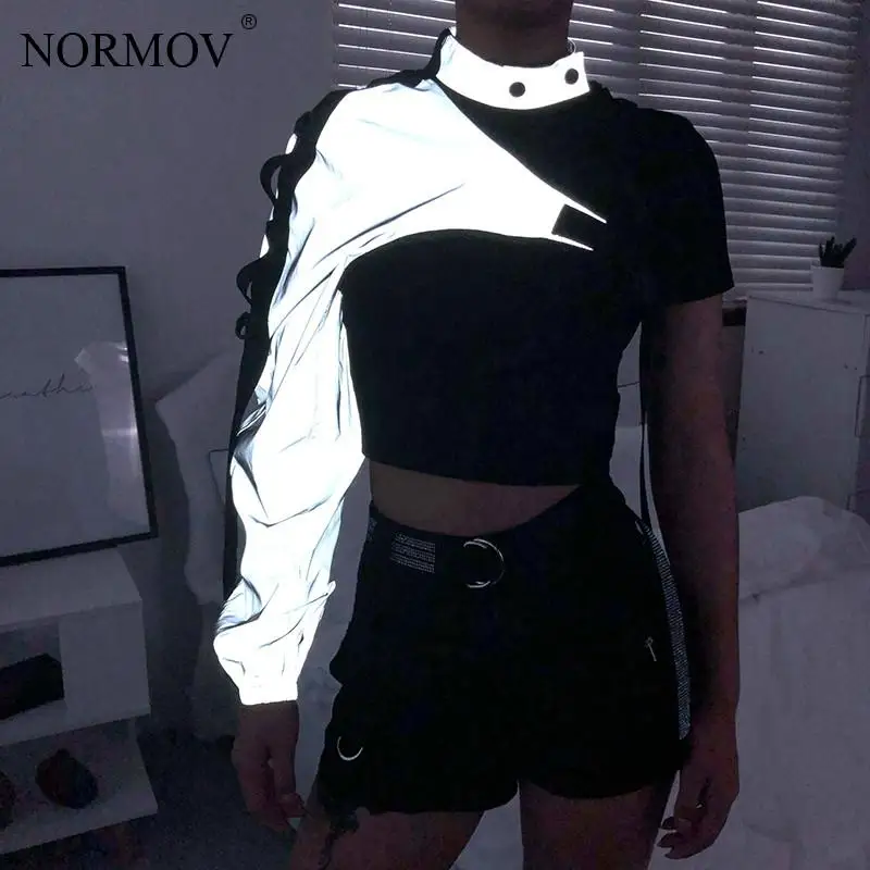 NORMOV светоотражающий топ с одним плечом Harajuku панк футболка длинными рукавами для