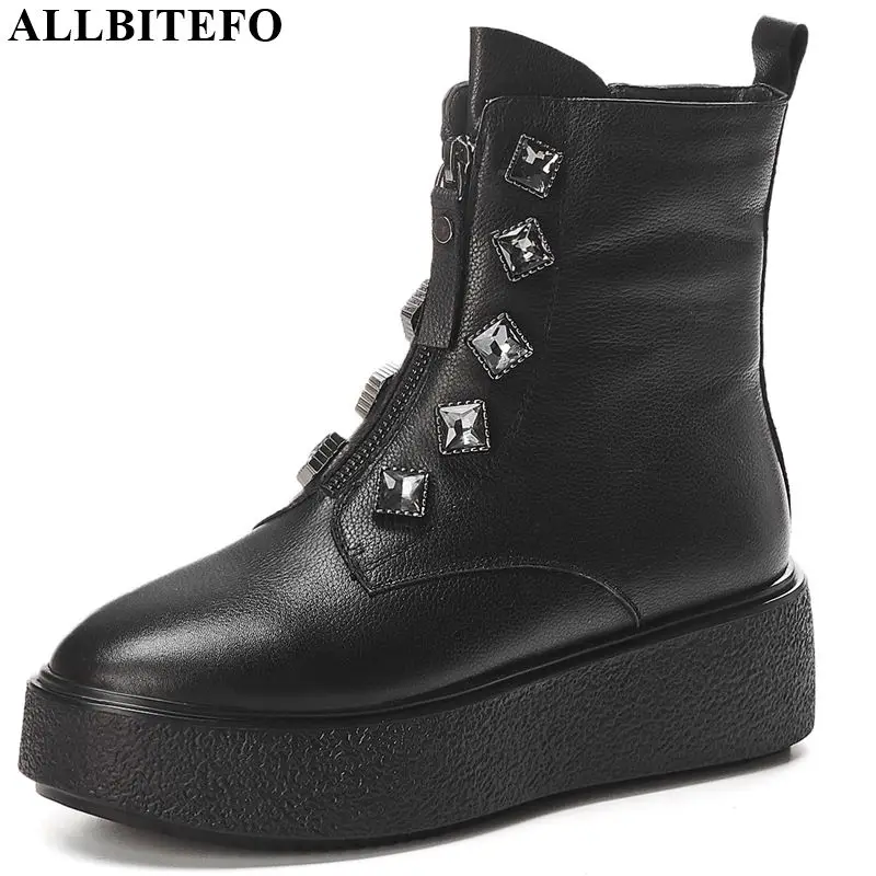 

ALLBITEFO natural genuine leather Pure color women boots Metal rivet Autumn Winter ankle boots Round toe fashion girls boots