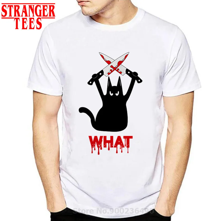 Black Cat What Tshirt Murderous Cat Knife men's Funny T Shirt Short Sleeve Halloween Tops Tees