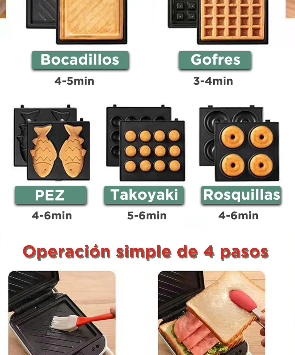 Multi-functional 3-in-1 electric waffle machine with interchangeable plates in white, green, and pink.