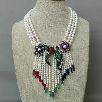 

18'' 3 Strands Cultured White Pearl Multi Color J1ade Necklace CZ Pendant