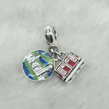 

Peak lift cable car charm, double pendant design showing the skyline view, decorated with colorful hand painted enamel