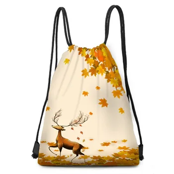 

Autumn under the maple leaf sika deer printed cloth drawstring backpack student light bag