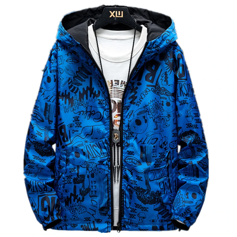 

Men Outdoor Reversible Printing Jacket Loose Fit Full Zip Windproof Jackets Windbreaker Casual Sportwear Hooded Coat