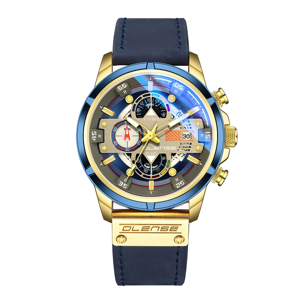 2021 Mens Genuine Leather Watches Blue Light Glass Multifunction Quartz Watch Military Waterproof Date Chronograph Clock 