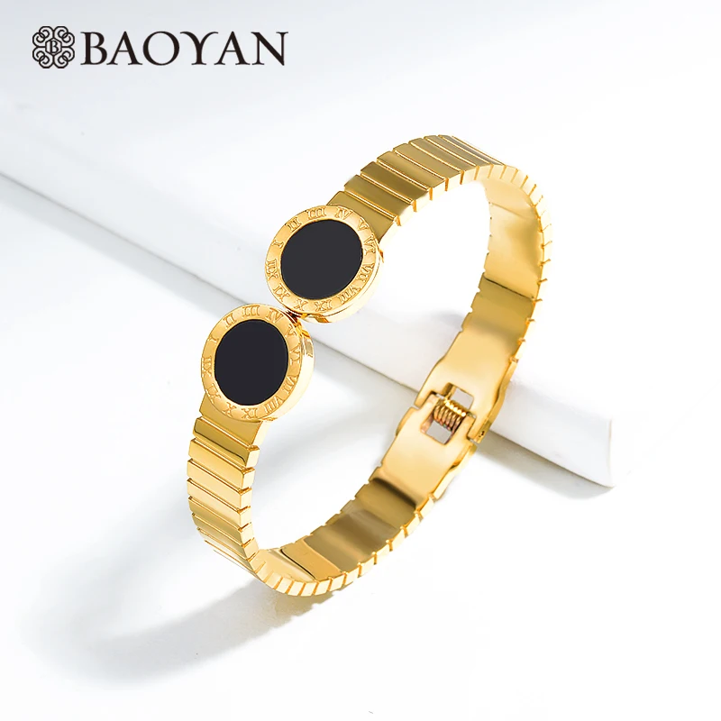 

Baoyan Luxury Stainless Steel Bangle Bracelets Gold Silver Wristband Bangles Round Black Acrylic Cuff Bangle Bracelets For Women