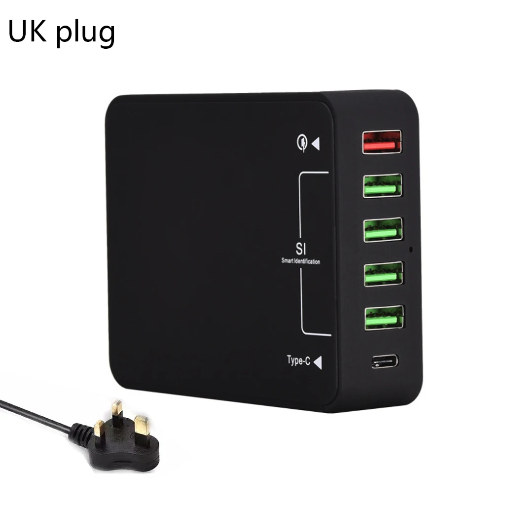 Великобритания 6-Порты и разъёмы 60 Вт Тип-C зарядка через usb станции, настенный адаптер быстрозарядная станция с док-станция Qualcomm Quick Charge 3,0 и Тип C - Тип штекера: Великобритания